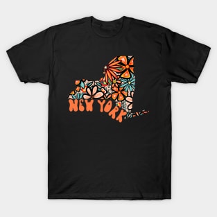 New York State Design | Artist Designed Illustration Featuring New York State Outline Filled With Retro Flowers with Retro Hand-Lettering T-Shirt